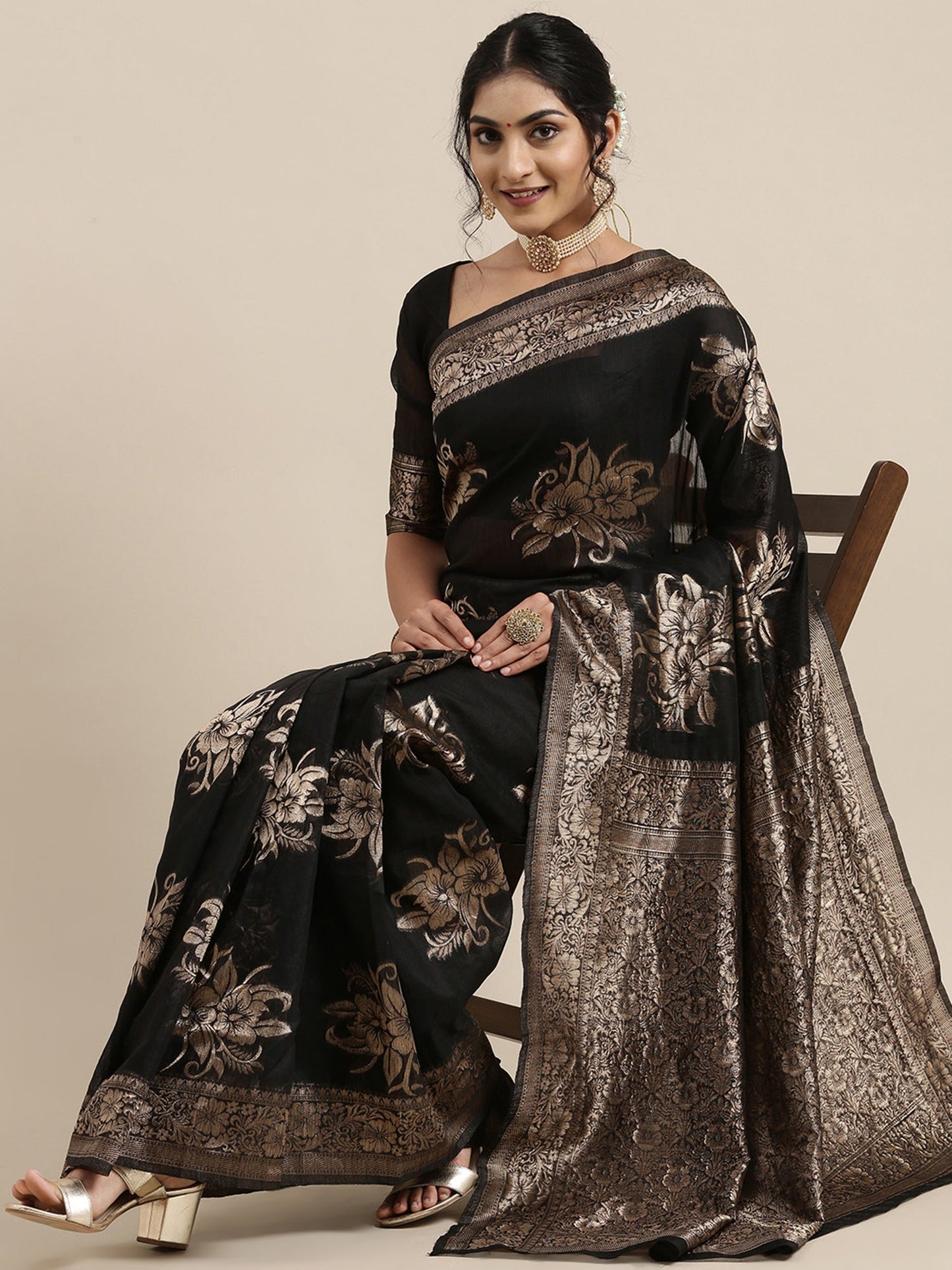 Women's Linen Black Woven Design Woven saree With Blouse Piece