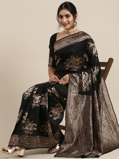 Women's Linen Black Woven Design Woven saree With Blouse Piece