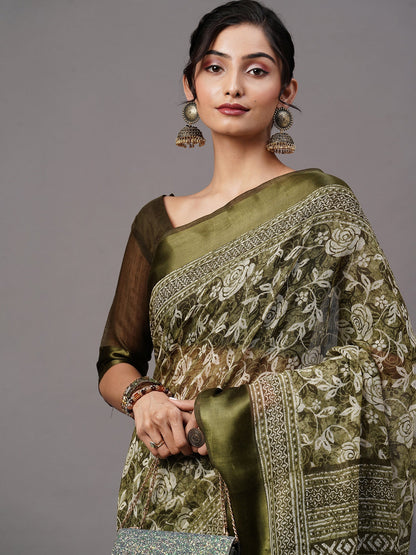 Women's Cotton Blend Olive Printed Designer Saree With Blouse Piece