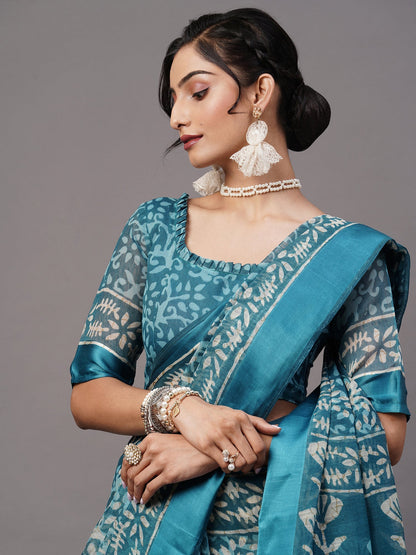 Women's Cotton Blend Blue Printed Designer Saree With Blouse Piece
