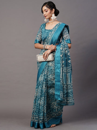 Women's Cotton Blend Blue Printed Designer Saree With Blouse Piece