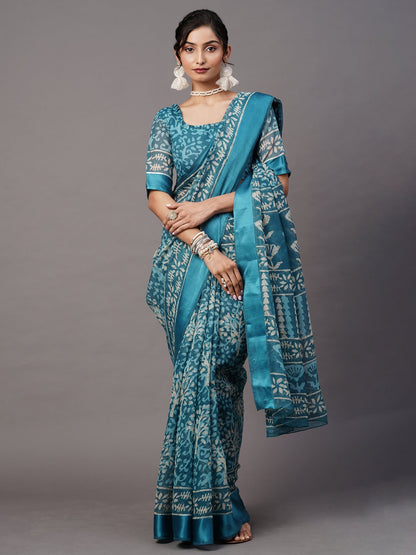 Women's Cotton Blend Blue Printed Designer Saree With Blouse Piece