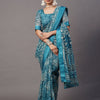 Women's Cotton Blend Blue Printed Designer Saree With Blouse Piece
