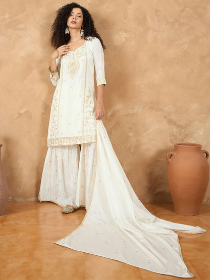 Indyancart VA Women Ethnic Motifs Embroidered Regular Kurta & Sharara With Dupatta