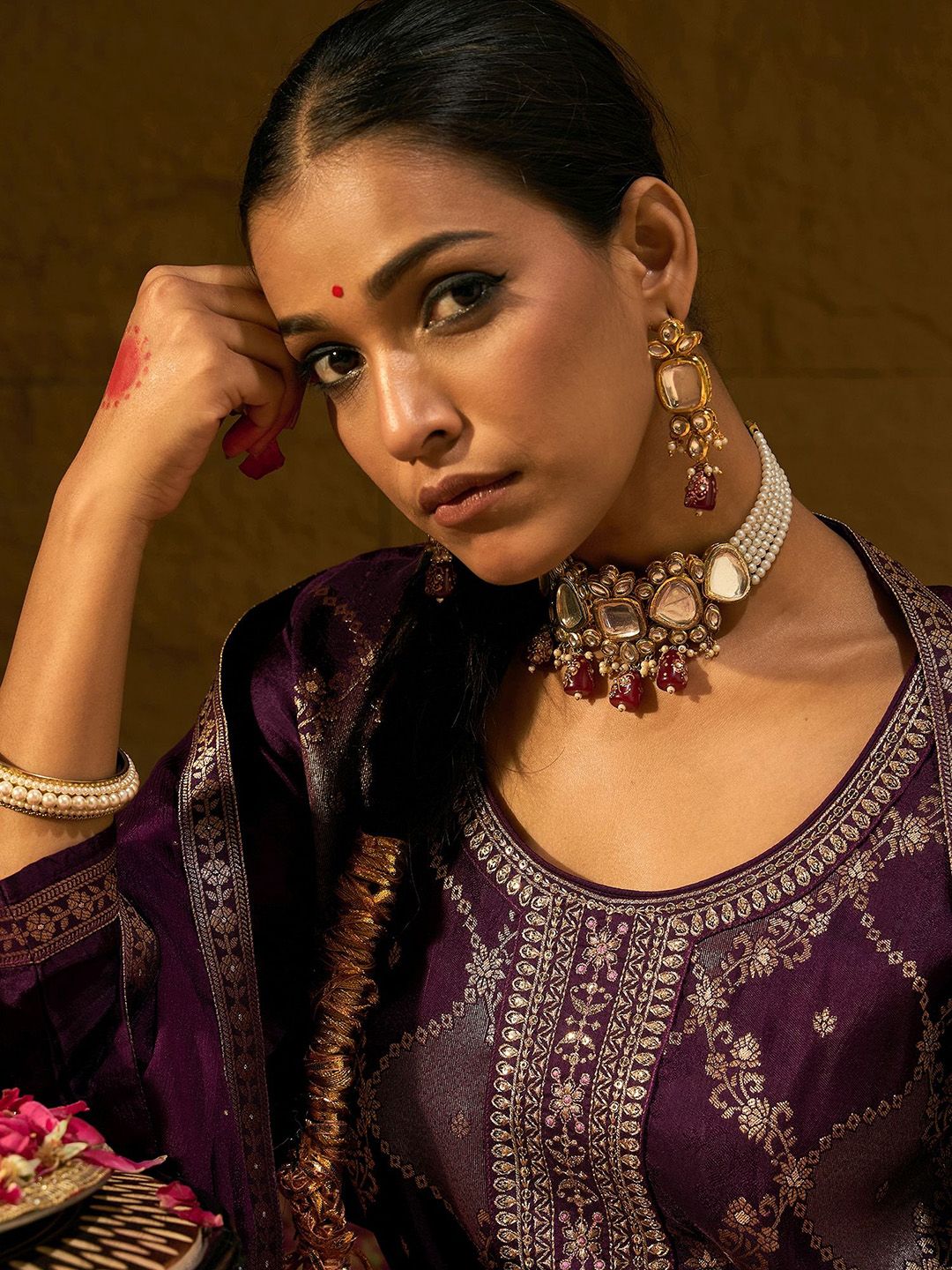 Indyancart IE Burgundy Floral Woven Design Thread Work Straight Kurta with Trousers & Dupatta