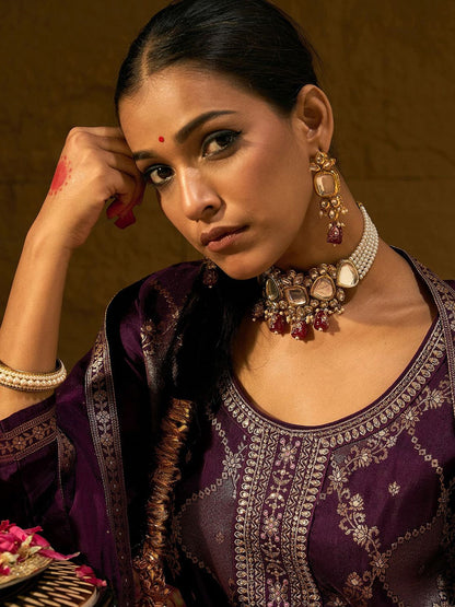 Indyancart IE Burgundy Floral Woven Design Thread Work Straight Kurta with Trousers & Dupatta