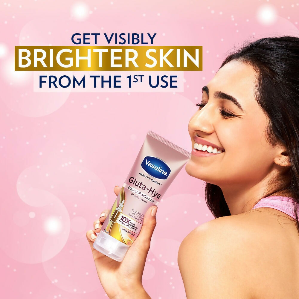 Vaseline Gluta-Hya Dewy Radiance and Overnight Serum-In-Lotion bottles, hydrating body lotions with radiant skin benefits.