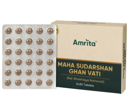 Amrita Maha Sudarshan Ghan Vati Ayurvedic tablets in a bottle with label showing traditional herbal ingredients.