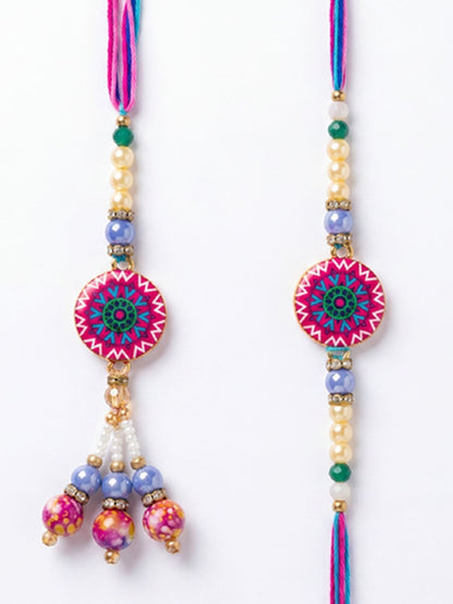 Anouk Set Of 2 Artificial Stones & Beads Floral Design Bhaiya Bhabhi Rakhi