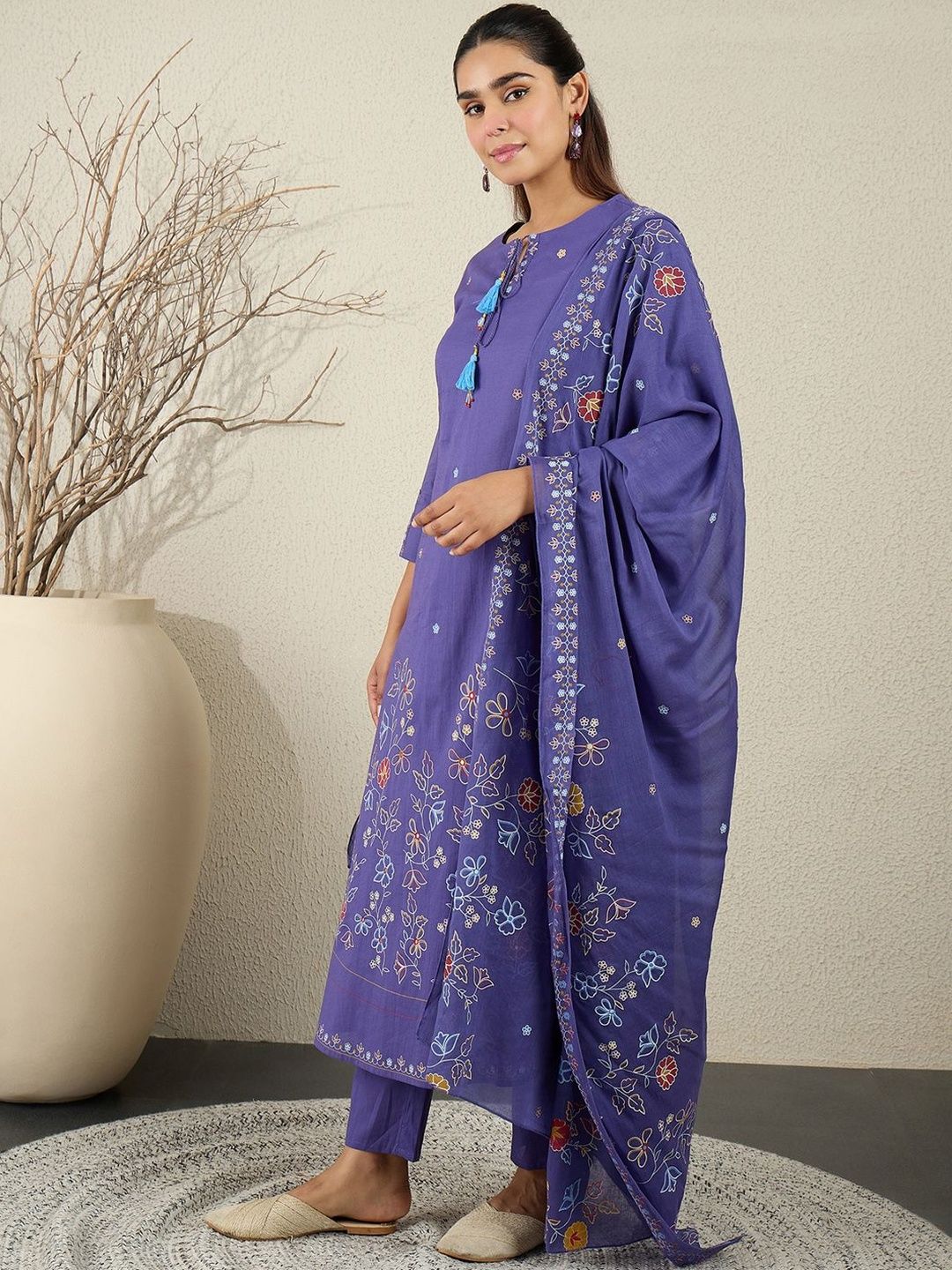 Women Floral Embroidered Cotton A-Line Kurta with Trousers & Dupatta