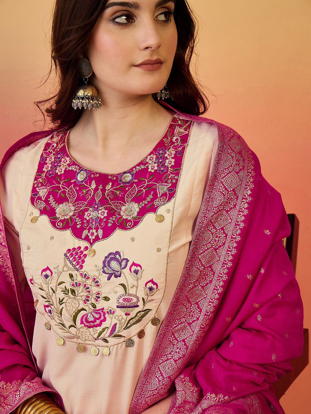 Indyancart SN Women's Floral Yoke Design Panelled Thread Work A-Line Kurta With Trouser And Dupatta