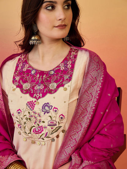 Indyancart SN Women's Floral Yoke Design Panelled Thread Work A-Line Kurta With Trouser And Dupatta
