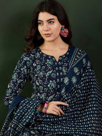 Indyancart SN Women's Printed Pure Cotton Kurta Set With Dupatta