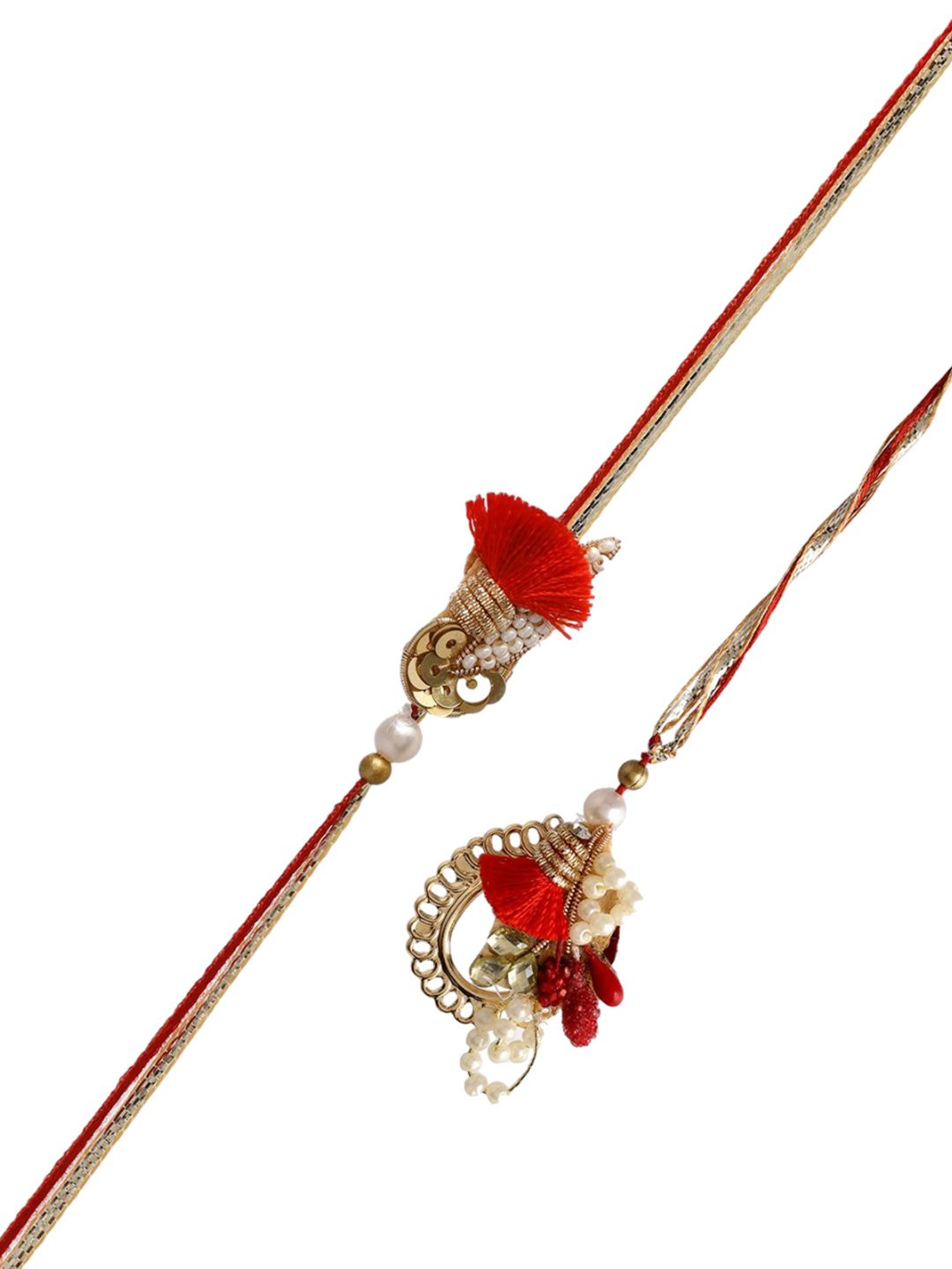 Anouk Red Pearl-Beaded Bhaiya Bhabhi Rakhi With Roli Chawal & Greeting Card