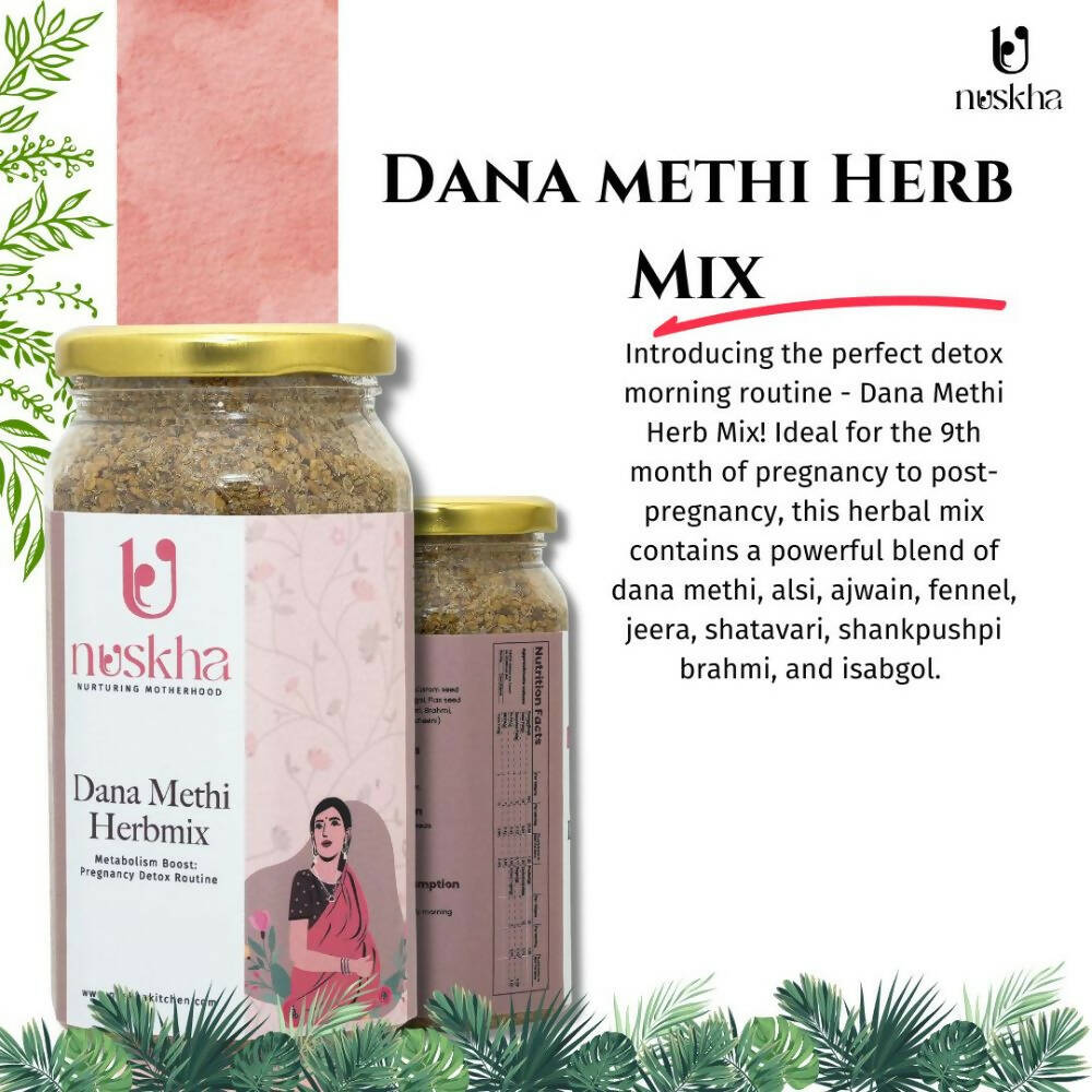 Nuskha Dana Methi Herbmix health drink in a glass, showcasing fresh herbs and ingredients for natural wellness.