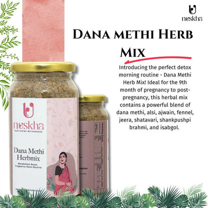 Nuskha Dana Methi Herbmix health drink in a glass, showcasing fresh herbs and ingredients for natural wellness.