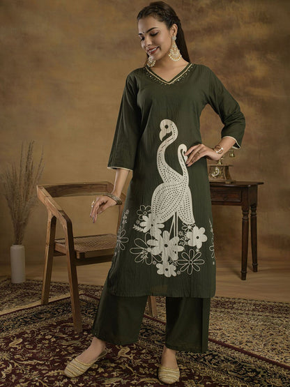 Indyancart SN Women's Ethnic Motifs Sequinned Pure Cotton Kurti with Trousers & Dupatta