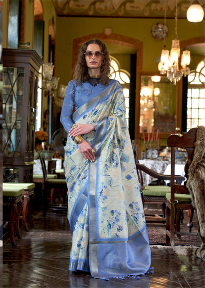Indyancart GR Women's Luxuria Blue Banarasi Digital Soft Silk Saree