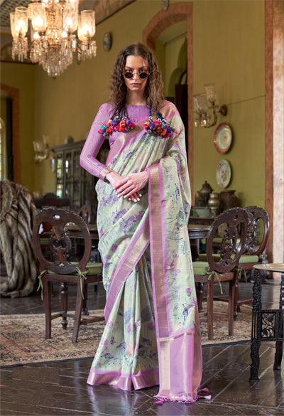 Indyancart GR Women's Luxuria Lavender Banarasi Digital Soft Silk Saree
