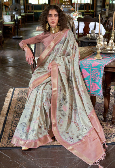 Indyancart GR Women's Luxuria Peach Banarasi Digital Soft Silk Saree