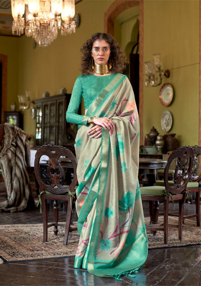 Indyancart GR Women's Luxuria Turquoise Banarasi Digital Soft Silk Saree