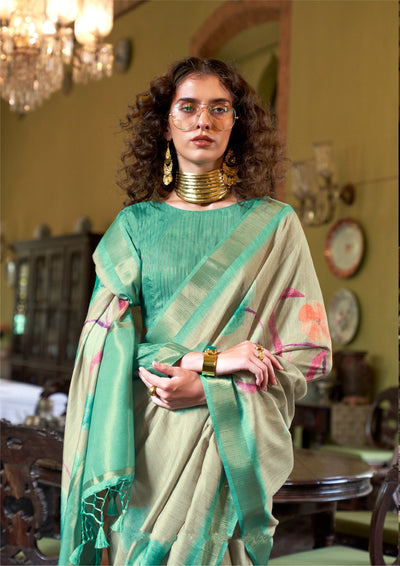Indyancart GR Women's Luxuria Turquoise Banarasi Digital Soft Silk Saree