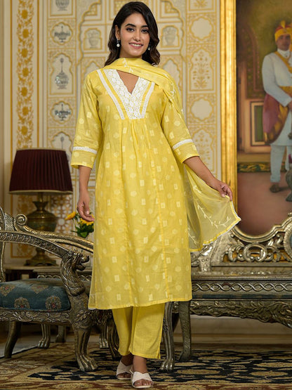 Indyancart VA Women's V Neck Gathered Flared Cotton Kurta with Trouser & Embroidered Dupatta