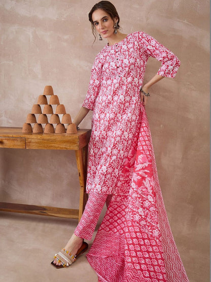 Women Floral Printed Regular Pure Cotton Kurta with Trousers & With Dupatta