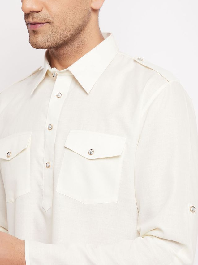 Men's Cream Cotton Blend Pathani Pathani Kurta Set