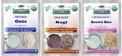 TummyFriendly Foods Organic Sprouted Porridge Mixes Sprouted Ragi Powder, Sprouted Brown Rice and Oats Combo