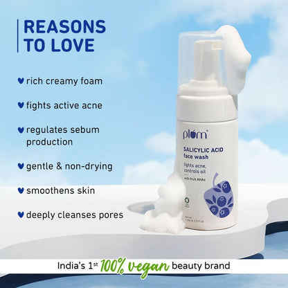 Plum Bright & Clear Skin sunscreen in a tube, featuring SPF protection with niacinamide and salicylic acid for clear skin.