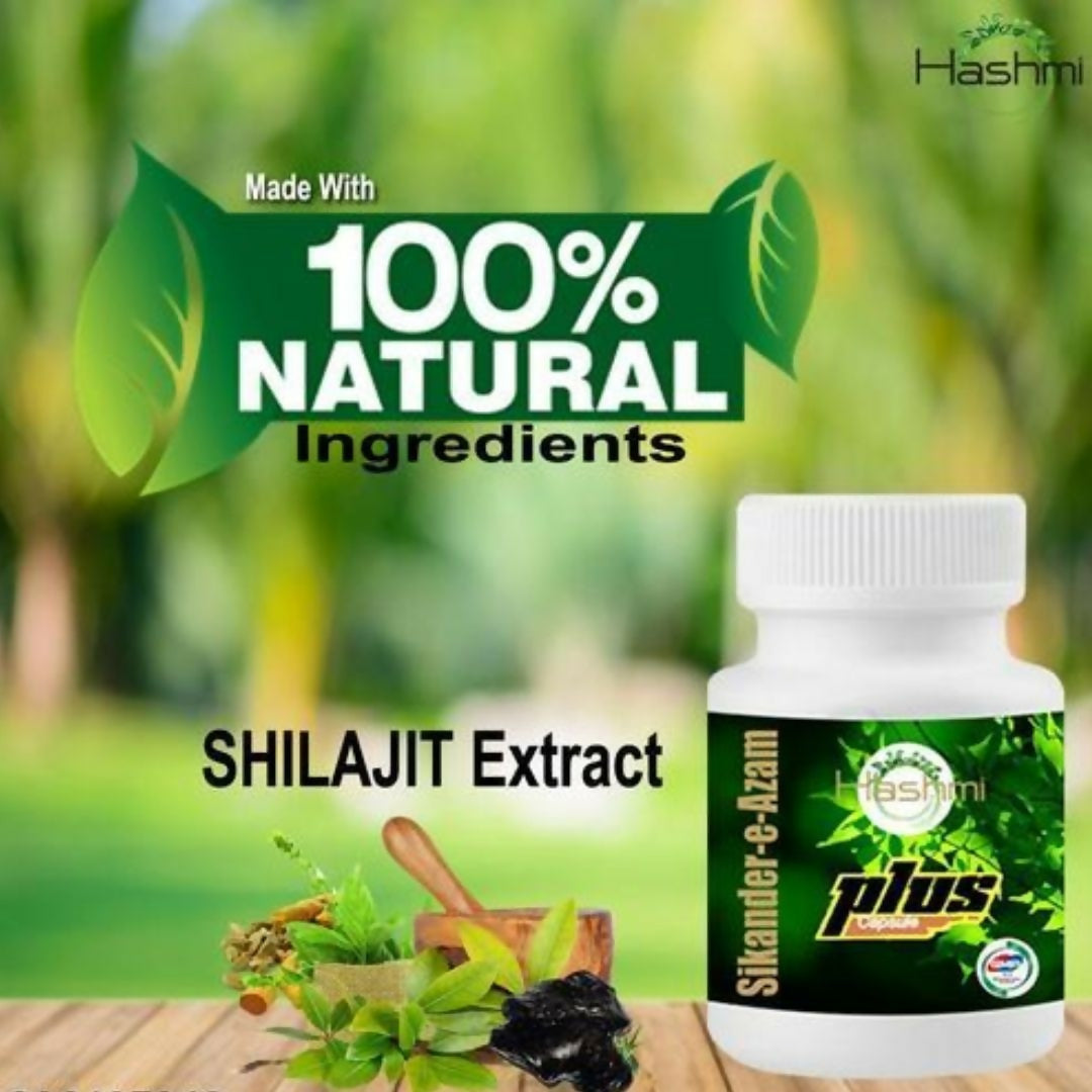 Hashmi Sikander-E-Azam Plus Ayurvedic capsules in a bottle, designed to support men's wellness and vitality.