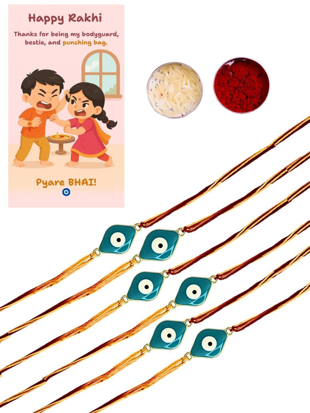 Anouk Set Of 6 Evil Eye Thread Rakhis With Card Roli & Chawal