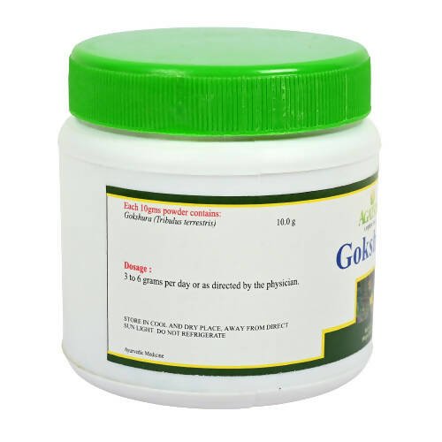 Agatsya Gokshura Churna in a glass bowl, showing fine herbal powder from the Agatsya brand on a white background.