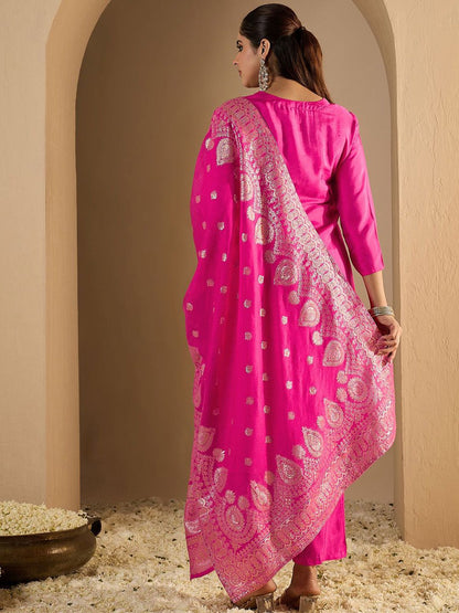 Floral Printed Straight Kurta With Trousers & Dupatta