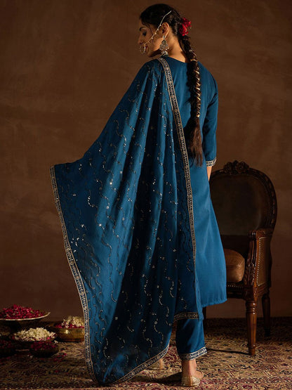 Indyancart IE Ethnic Motifs Embroidered Thread Work Straight Kurta With Trousers & Dupatta