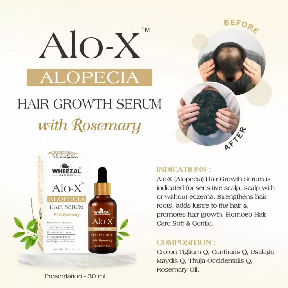 Wheezal Alo-X Alopecia Hair Serum bottle with dropper, designed to promote hair growth and reduce hair loss.