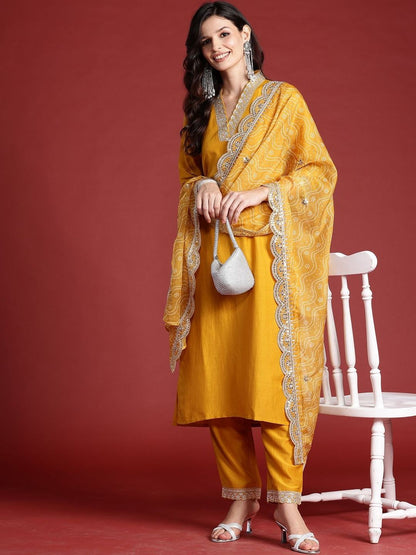Women Ethnic Motifs Embroidered Regular Kurta with Trousers & With Dupatta