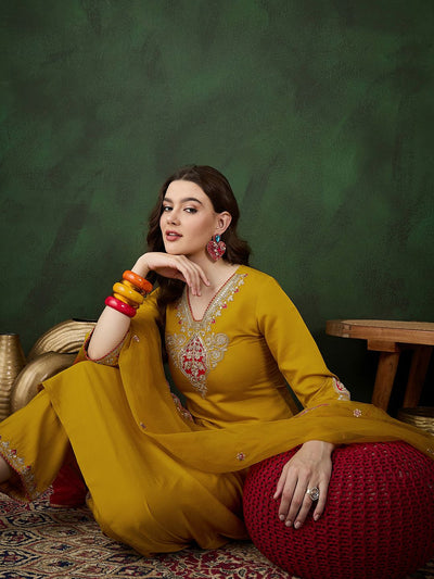 Indyancart SN Women's Yellow Floral Embroidered Regular Sequinned Kurta With Trouser With Dupatta