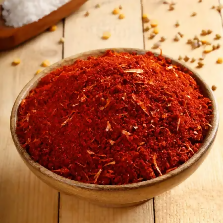 Gummadi Foods Kura Karam chutney powder in a bowl with a spoon, showcasing its vibrant red color and fine texture.