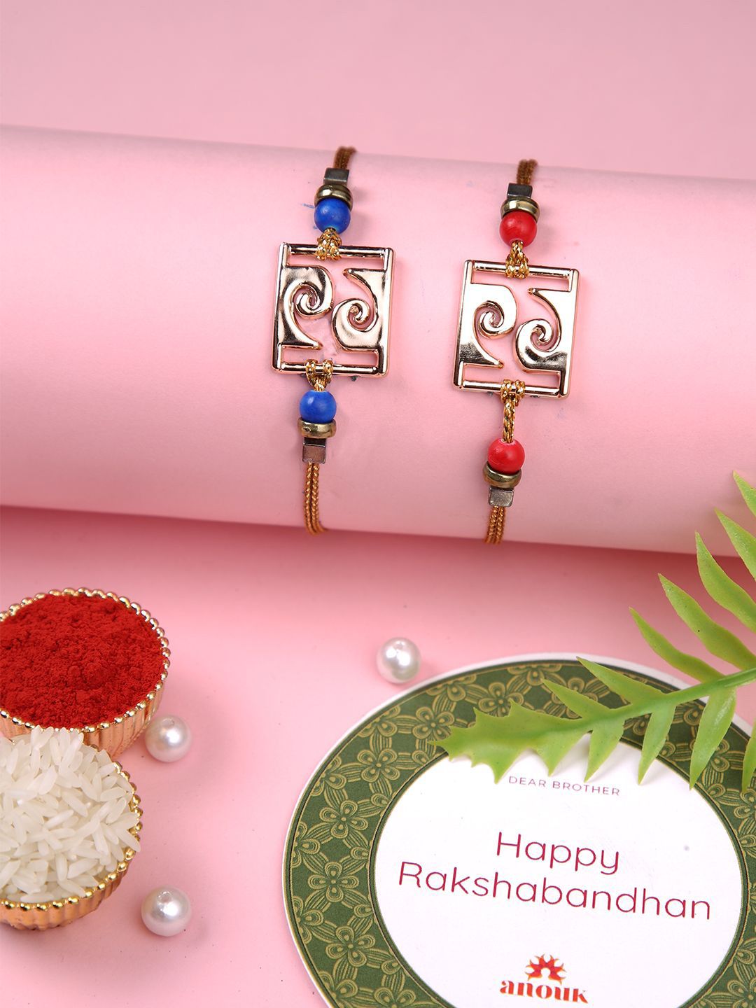 Anouk Red Set Of 2 Beaded Square Charm Thread Rakhis With Roli Chawal & Greeting Card