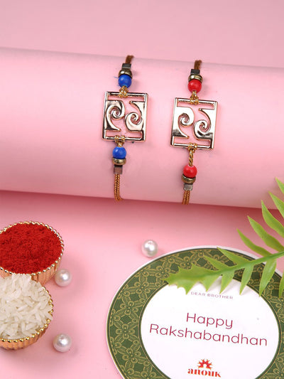 Indyancart Red Set Of 2 Beaded Square Charm Thread Rakhis With Roli Chawal & Greeting Card