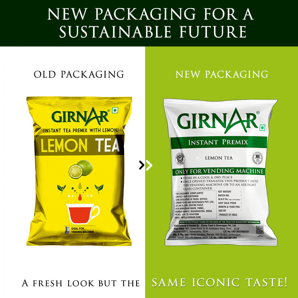 Girnar instant lemon tea powder in 1kg vending pack, ready-to-mix tea with lemon flavor, for quick and flavorful tea preparation.