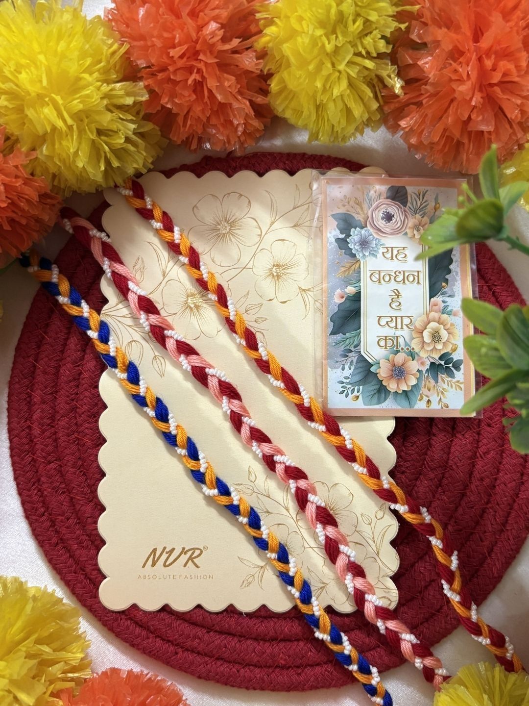 Anouk Set Of 3 Multicolor Thread Rakhi With Roli Chawal Chandan Mishri