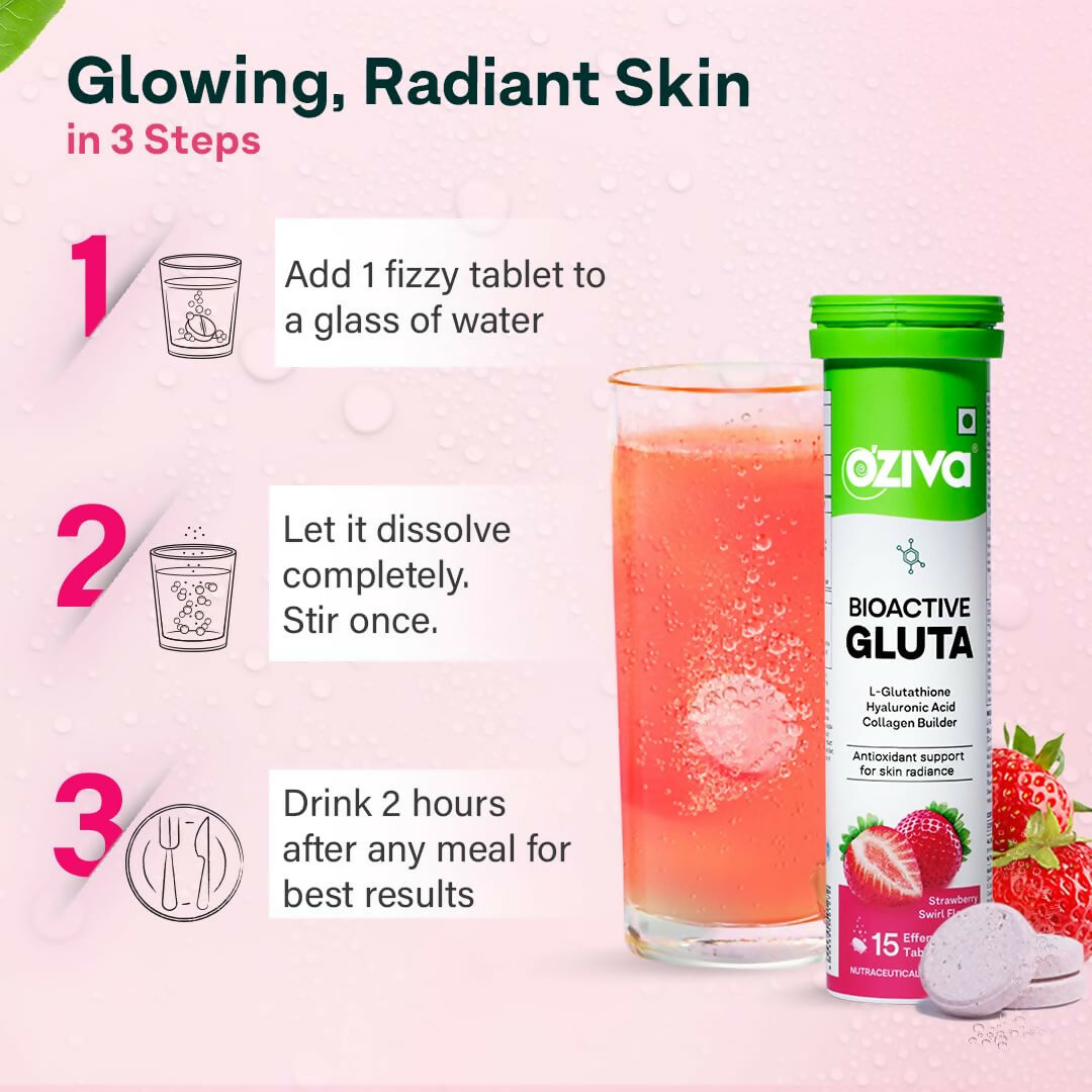 OZiva Bioactive Gluta Fizzy Effervescent Tablets for skin, showing the colorful tablets in a clear glass with a fruity drink appearance.