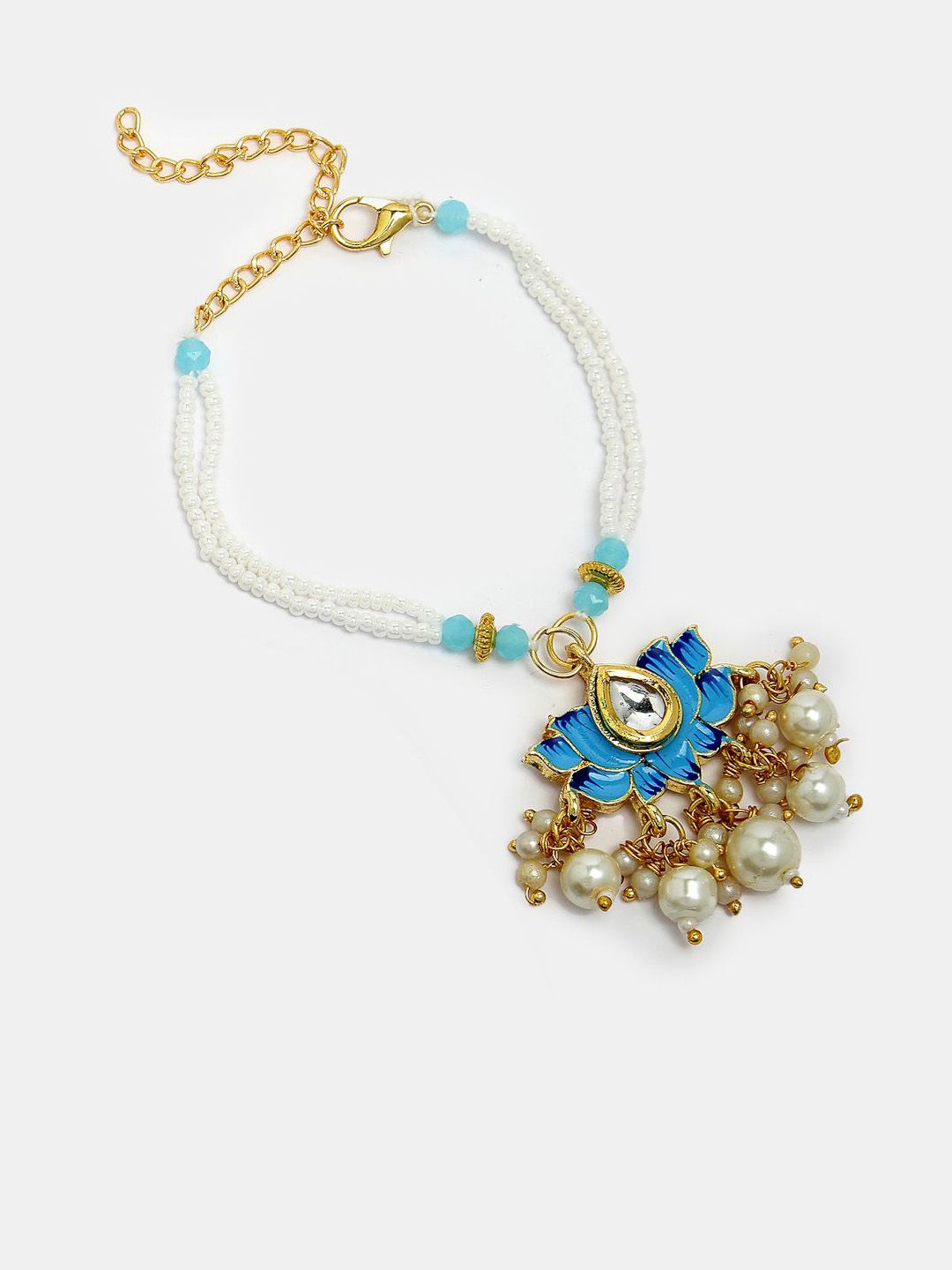 Anouk Unisex Set Of 2 Blue Lotus Shape Kundan-Studded & Beaded Wraparound Rakhi Set