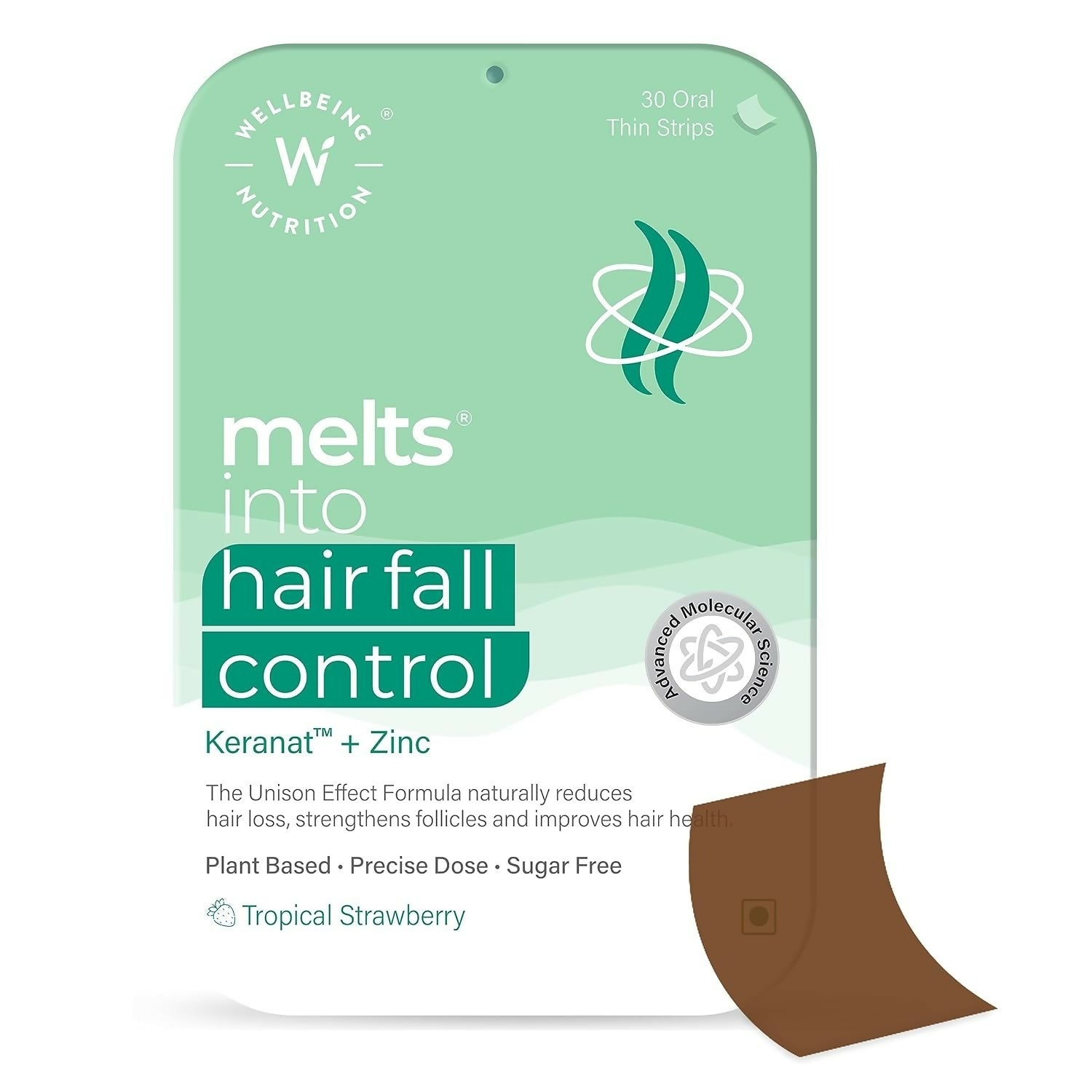 Wellbeing Nutrition Melts healthy hair and hair fall control strips, oral care supplement, close-up of product packaging and strips