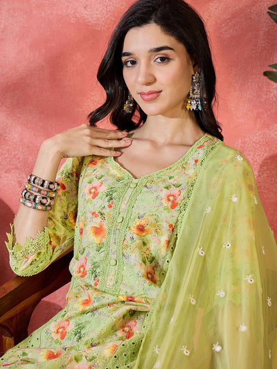 Indyancart SN Women's Floral Printed Pure Cotton Sweetheart Neck Straight Kurta With Trousers & Dupatta