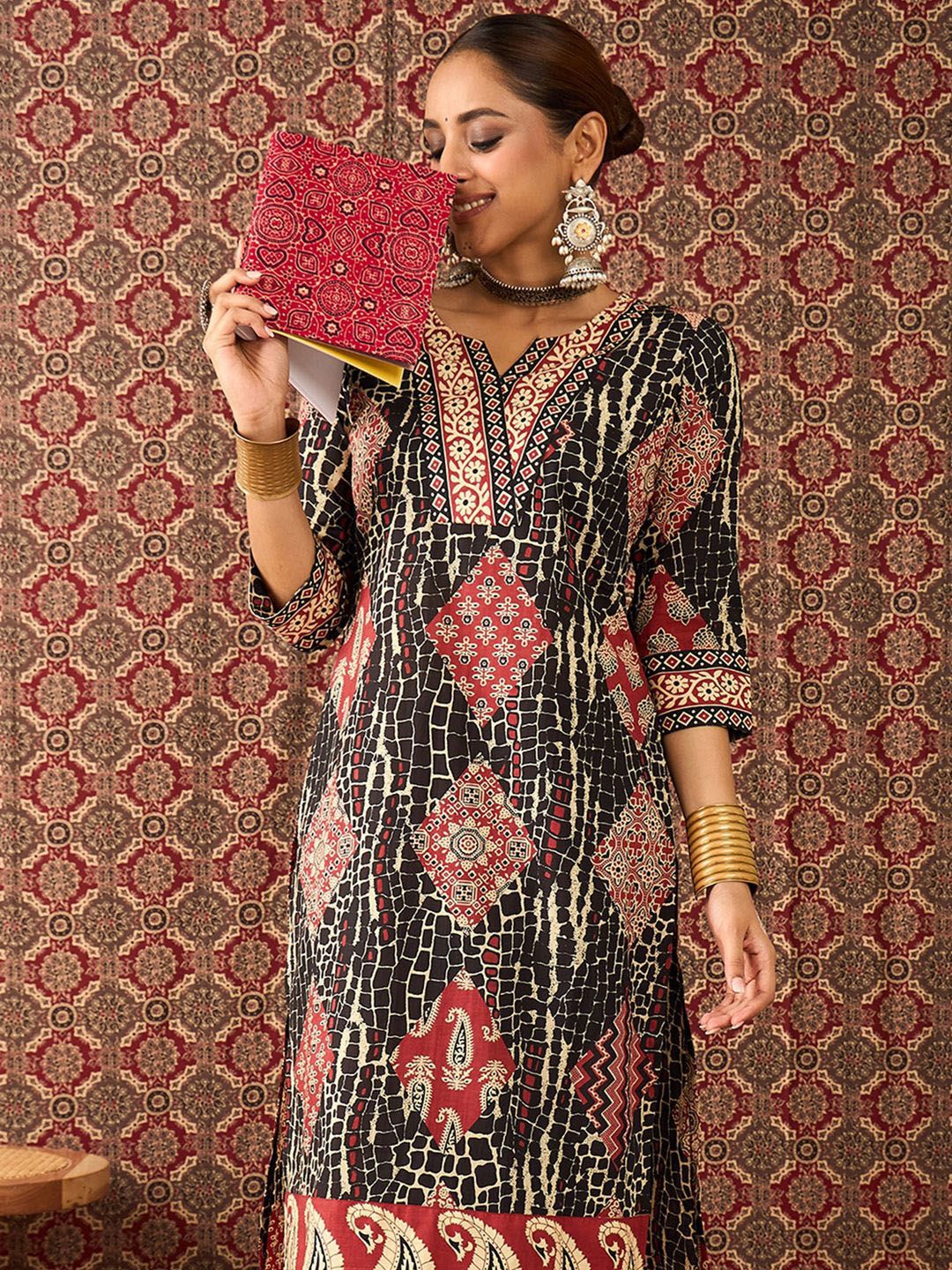 Women Ethnic Motif Printed Pure Cotton Straight Kurta Trousers Set
