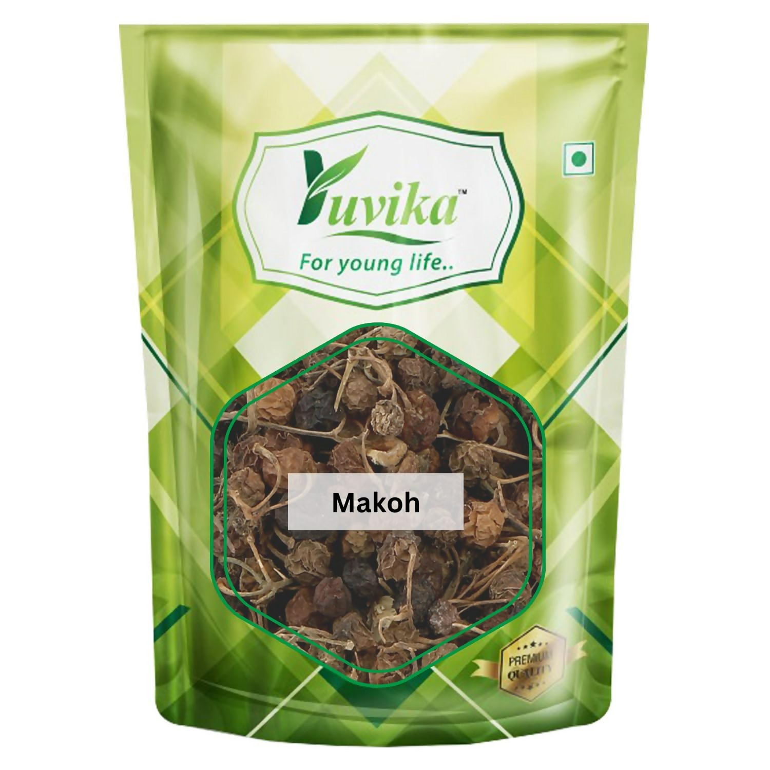 Yuvika Makoy Ayurvedic product featuring dried black nightshade (Solanum nigrum) for traditional health use.